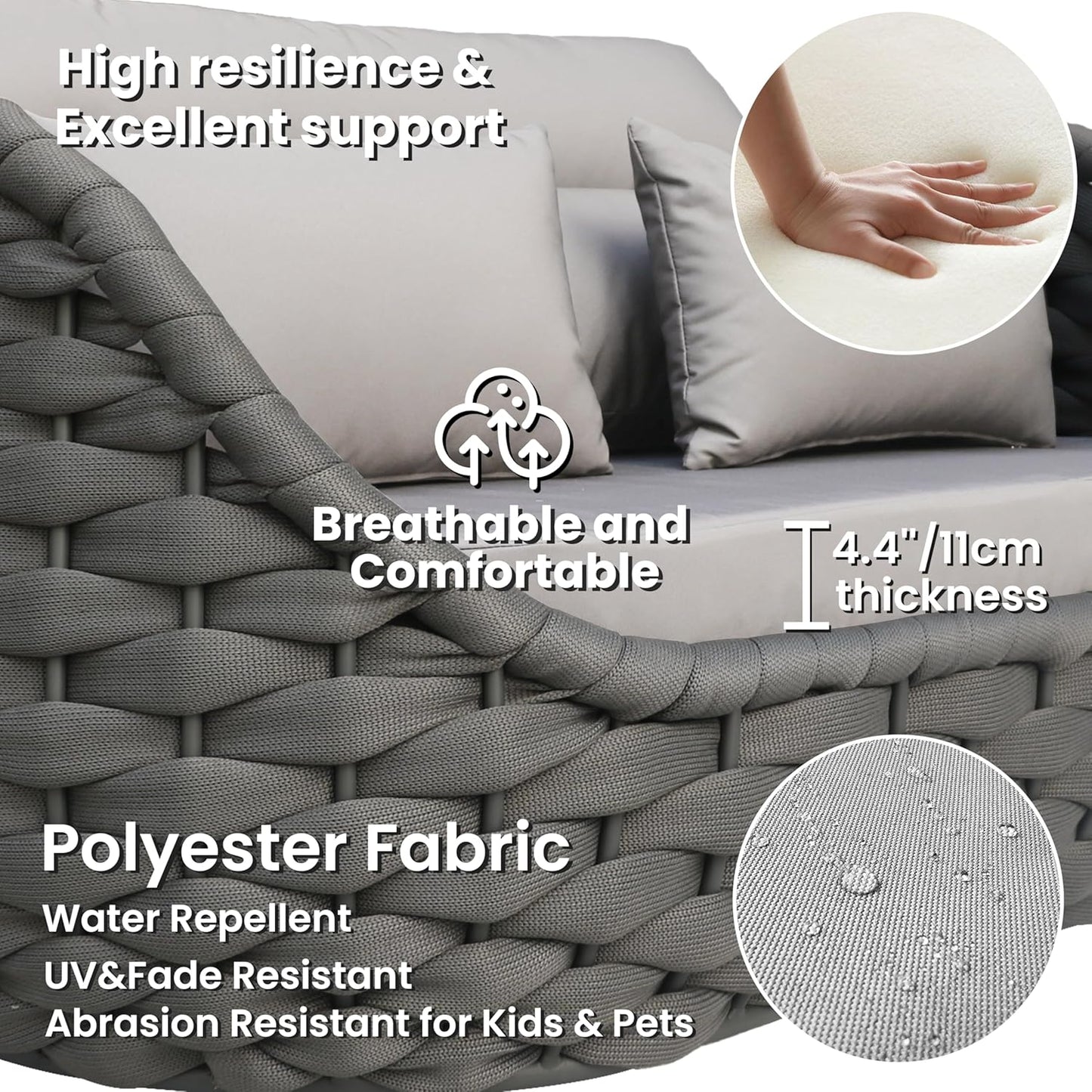 4-Piece Woven Rope Outdoor Seating Set: Alumunim Frame, No Assembly, All-Weather Accent Patio Furniture - Modern Garden Lounge Conversation Set for Backyard Deck Porch Poolside Hotel