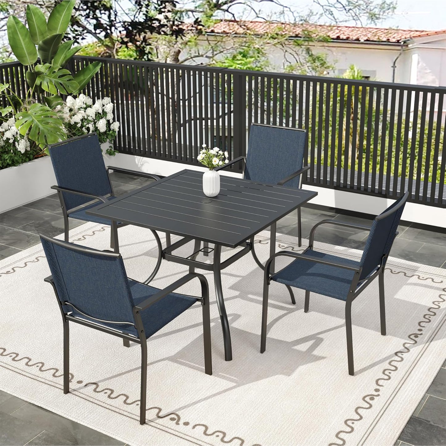 Anumutig 5-Piece Outdoor Dining Set, 35 Inch Square Patio Table with 4 Stackable Patio Chairs, All Weather Frame Furniture Set - Navy