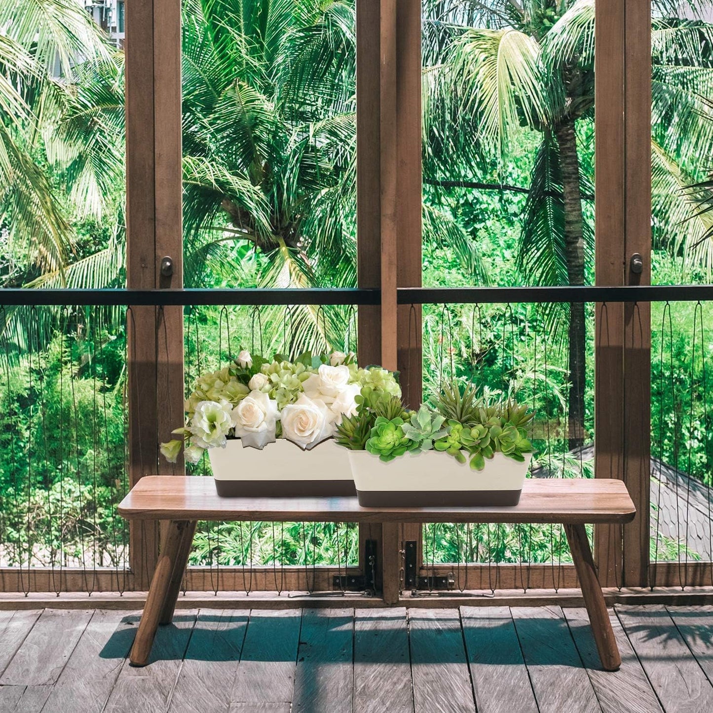 Lainrrew 3 Pack Window Box Planters, 12 Inches Rectangular Planter Plastic Flower Box Plant Pots Plant Containers with Tray for Balcony, Windowsill, Garden, Home Office Outdoor Decoration (Coffee)