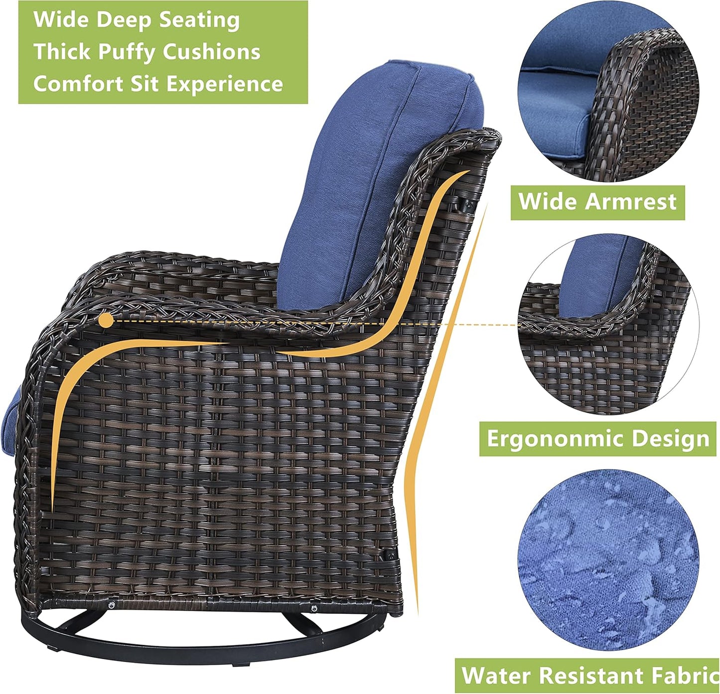 Outdoor Wicker Patio Furniture Set - 5 Piece Rattan Patio Conversation Set with 2 Rocking Swivel Chairs,2 Ottomans and 1 Sofa for Porch Deck Backyard Garden(Brown/Blue)