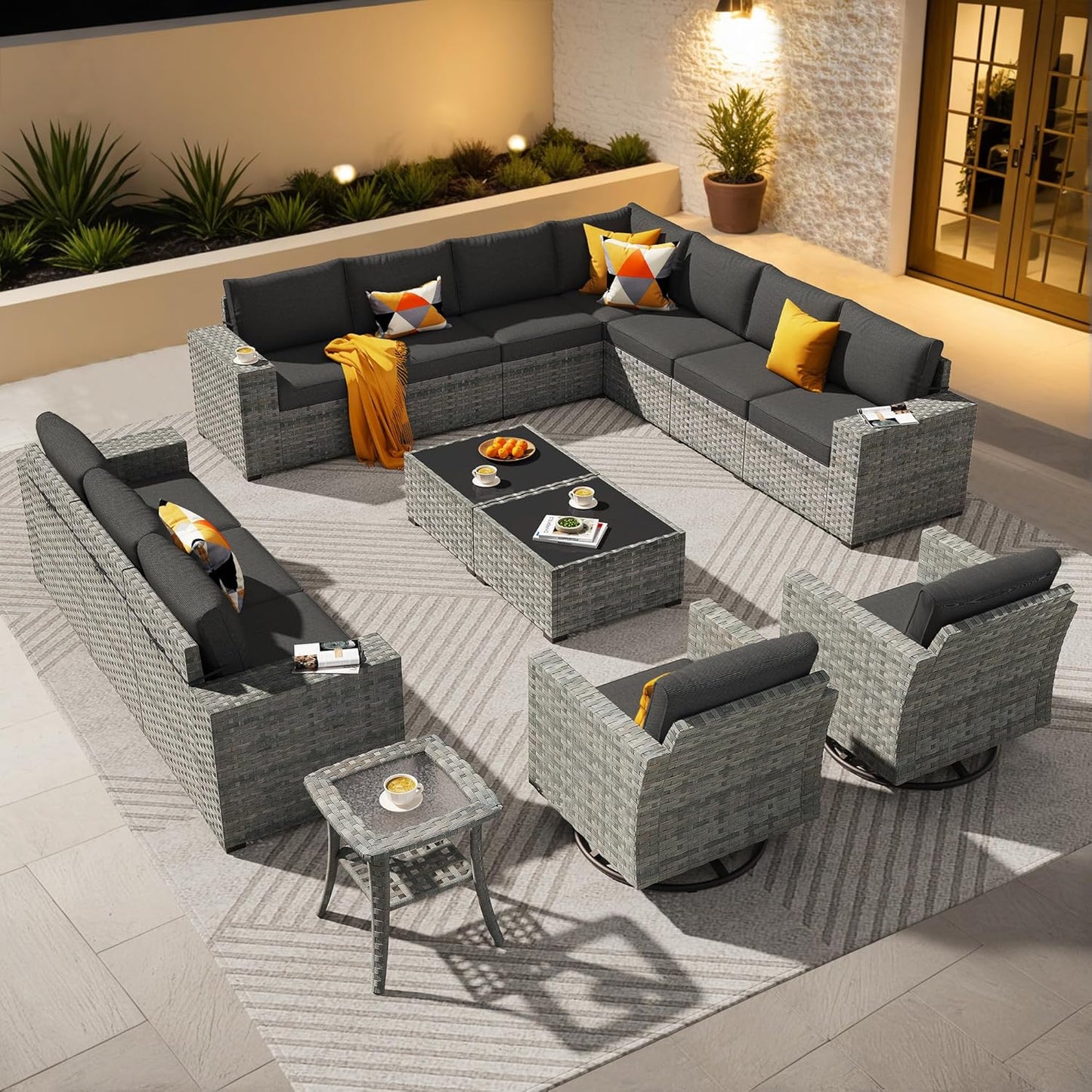 ovios 15 Pieces Patio Furniture Set, Outdoor Wicker Sectional Sofa with Swivel Chairs Coffee Table, Modern Modular Deep Seat Rattan Couch Conversation Sets, Black
