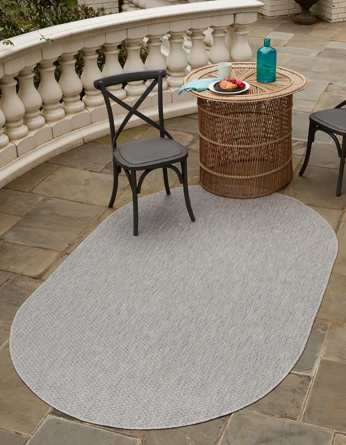 Unique Loom Collection Casual Transitional Solid Heathered Indoor/Outdoor Flatweave Area Rug (5' 1" x 8' Oval, Light Gray/Ivory)