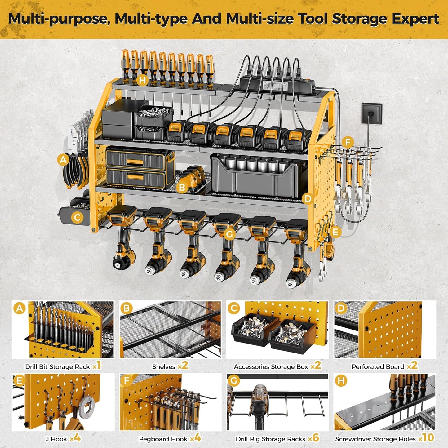LBT Power Tool Organizer With Charging Station,Patented,Heavy Duty Steel,6 Drilling Rig Sizes With Hooks And Screw Boxes,6 sockets,Easy To Install Garage Storage Rack,Great Gift For Men, Yellow