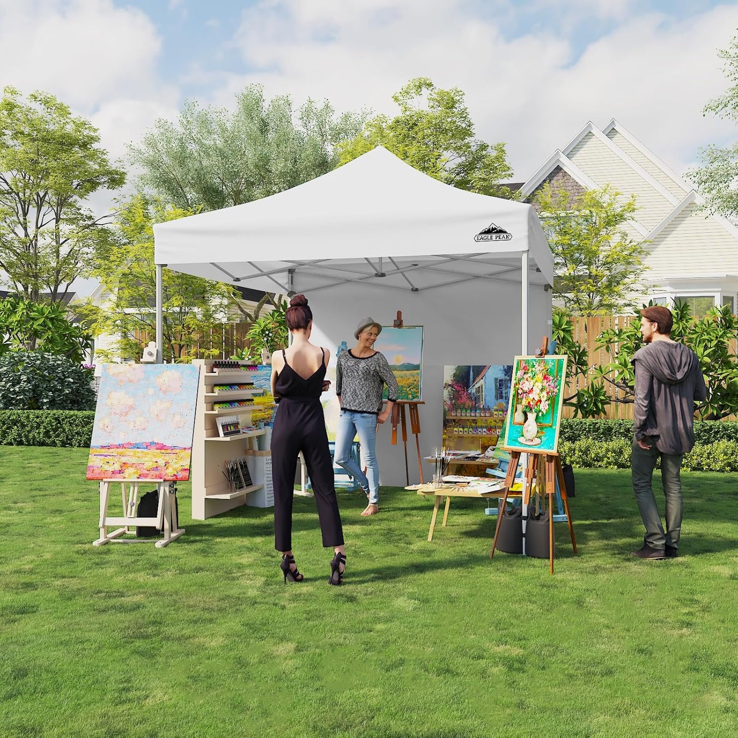 EAGLE PEAK 10x10 Heavy Duty Pop up Commercial Canopy Tent with One Removable Sidewall, Instant Sun Shelter with Roller Bag, 4 Sandbags, White