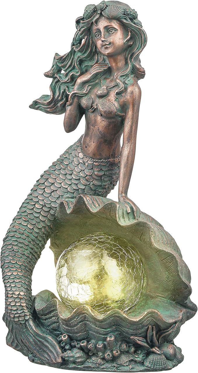 TERESA'S COLLECTIONS Mermaid Garden Statues with Solar Outdoor Lights for Outdoor Decor, Bronze Patina Fairy Sculptures & Statues Christmas Decorations, Garden Decor Gifts for Mom Yard Decor, 13"