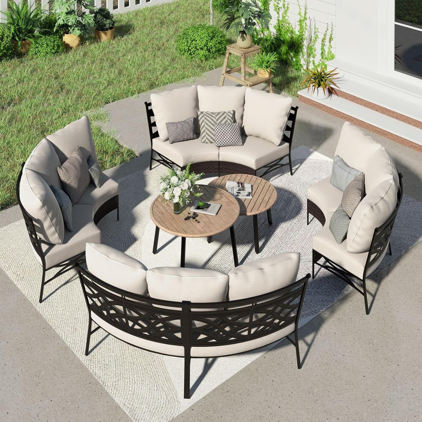 Sophia & William Half-Moon Patio Furniture Set, Curved Outdoor Sofa for 8 with Coffee Table, Wicker Sectional Sofa Outdoor Conversation Sets,Beige