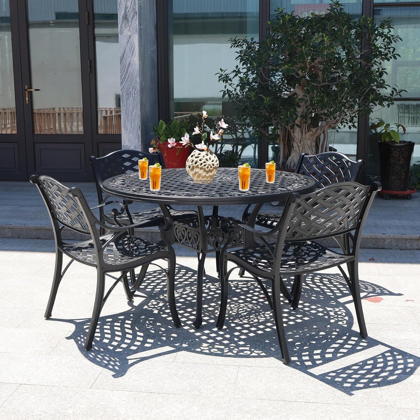 5 Pieces Cast Aluminium Patio Dining Set for 4-6 Person,Round 48" Patio Table and Chairs Set of 4 with 2.3" Umbrella Hole,Outdoor Patio Furniture Dining Set for Porch Backyard Deck, Black