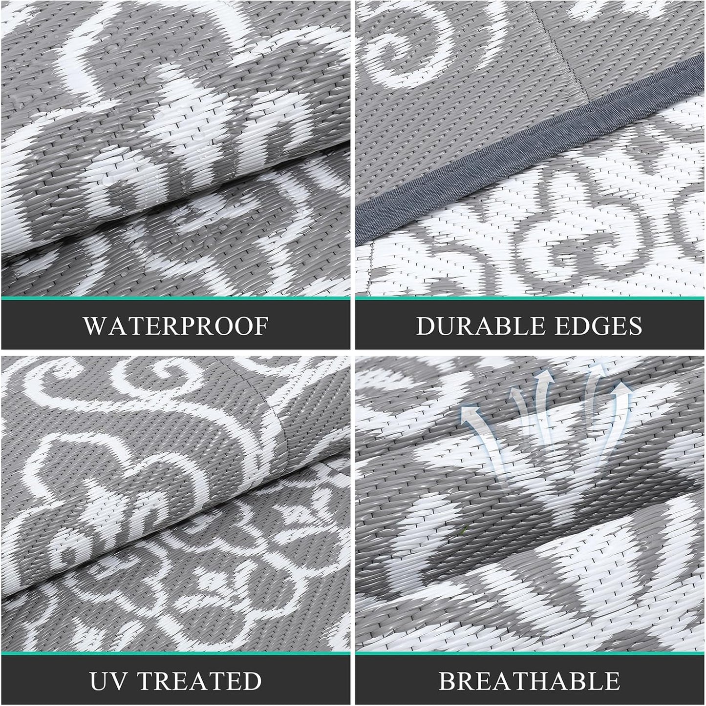 Pauwer Waterproof Outdoor Rug 6x9, Reversible Plastic Straw Patio Camping Rug, Indoor Outdoor RV Mat Carpet for Deck, Camper, Porch, Balcony, Backyard, Picnic, Floral Grey