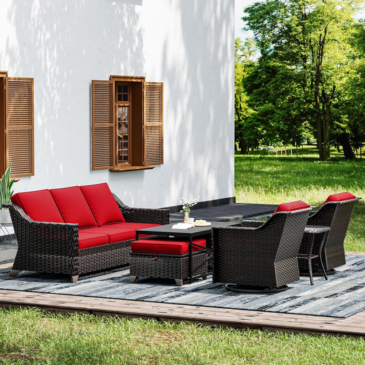 Joyside Wicker Patio Furniture Sets, 7 Pieces Upgraded Large Size Outdoor Furniture with Swivel Rocking Patio Chairs, 3-Seat Sofa, Outdoor Ottoman and Coffee Table, Thick Cushions, Wide Armrest
