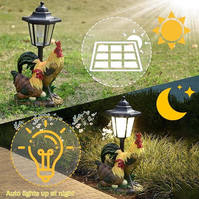 Solar Garden Outdoor Decor Statues Rooster Hen Couple with Light,Outside-Outdoor Decorations Sculptures for Patio Yard Lawn Walkway Ornaments Clearance Gifts for Mom Grandma Birthday