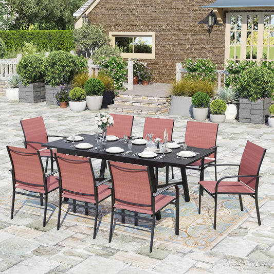 HERA'S HOUSE Red Patio Dining Sets for 8, Extendable Outdoor Table and Chairs Set, 9 Pieces Rectangular Metal Table Chairs for Patio Lawn Garden Porch