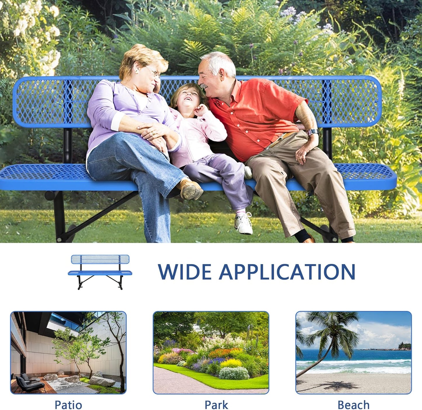 8FT Heavy Duty Park Bench with Back Portable Frame, Outdoor Steel Bench with Backrest, Outdoor Park Bench Expanded Metal Mesh Bench for Lawn, Park, Deck, Garden, Patio, Porch, Black (Blue, 8FT)