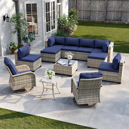 12-Piece Patio Furniture Set, Outdoor Patio Furniture with Swivel Chairs Set, Ottomans, Modular Patio Sofa, Dual-Strand Wicker Rattan, Rust-Resistant Frame, Navy Blue