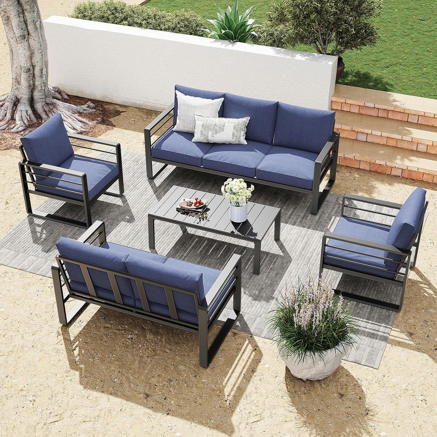 Patiorama Aluminum Patio Furniture Set, Outdoor Patio 3-Seater Sofa, 3 Seats Couch, All Weather Dark Grey Metal Chair with Olefin Cushion, Deep Seating, 800 lbs Capacity, Deck, Garden-Blue Cushion