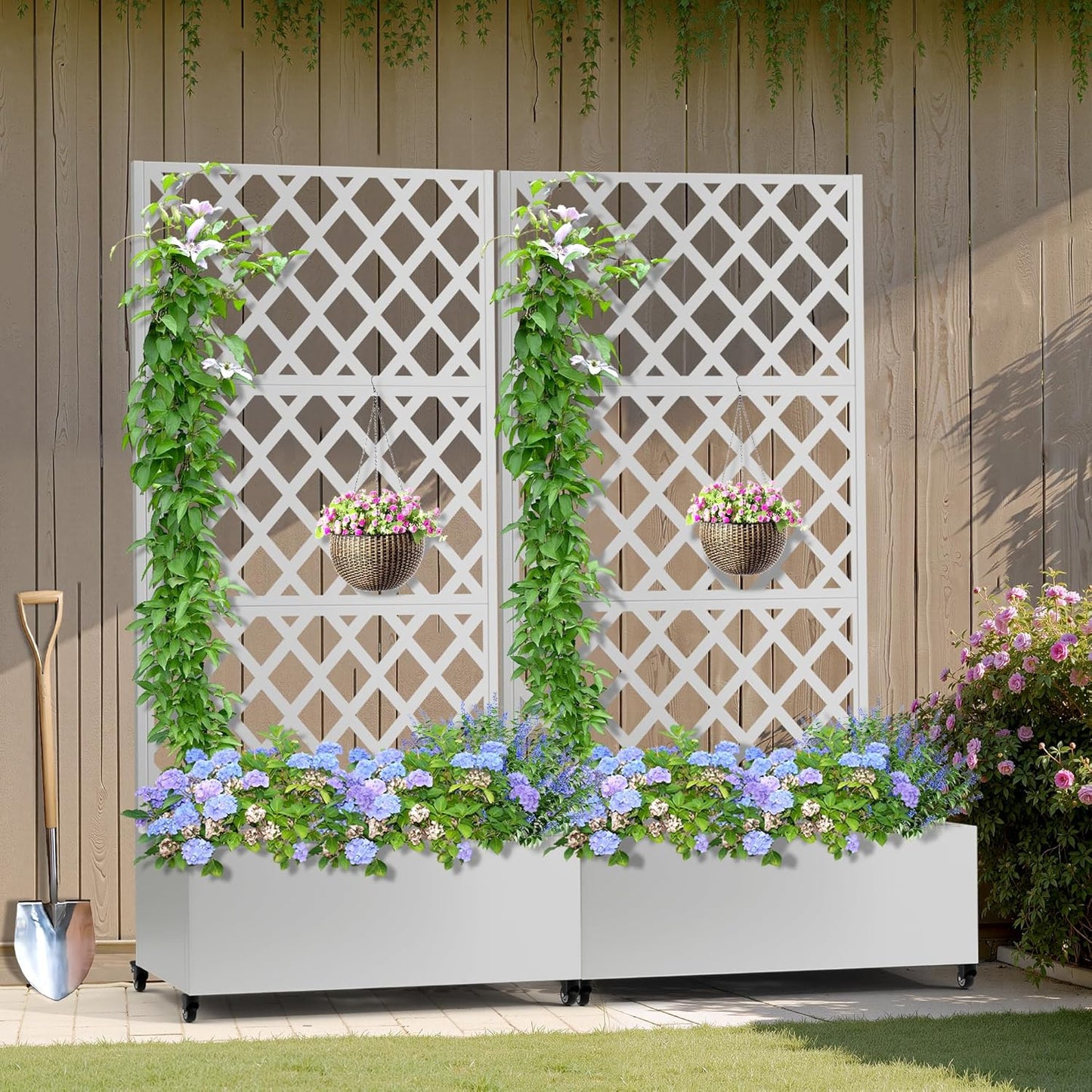 Metal Planter Box with Trellis, Heavy-Duty Raised Garden Bed for Climbing Plants, Drainage Hole, Outdoor Planter Box with Privacy Screen，35''L×16''W×71''H