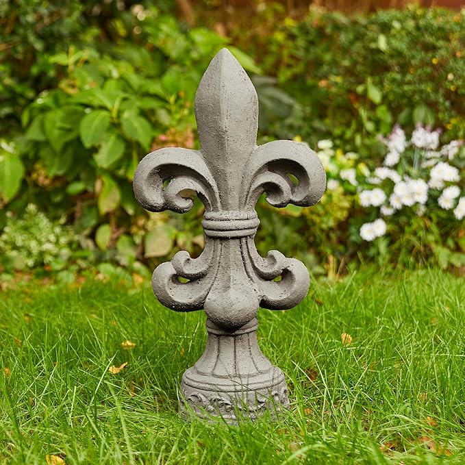 Glitzhome Fleur De Lis Garden Statue MGO Outdoor Decration, 21.25" H, Concrete Grey