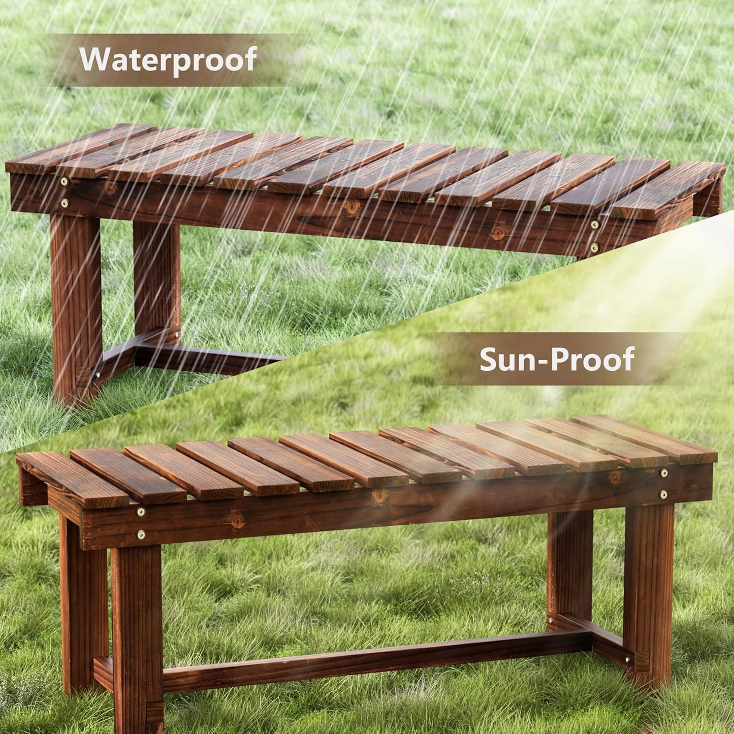 Outdoor Garden Bench, Weatherproof Patio Benches 3-Person Seat Backless Wooden Porch Bench, Multifunctional Slat All Weather Bench for Garden Lawn Porch Park Backyard (Carbonized Brown, 47.2 inch)