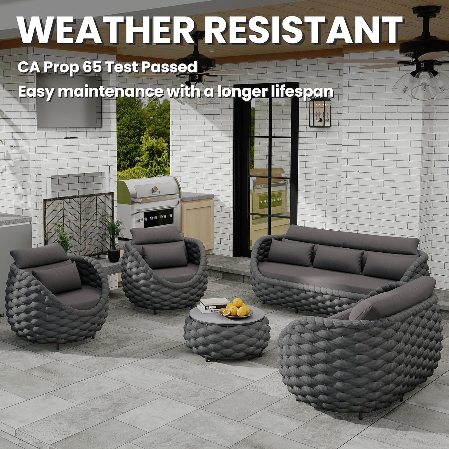 Patio Conversation Deck Furniture Sets: 6-Piece Aluminum Woven Rope Outdoor Sofa Set - Modern Cushions Couch Set - No Assembly Metal Porch Seating for Deck Yard Garden Hotel Resort, Dark Grey