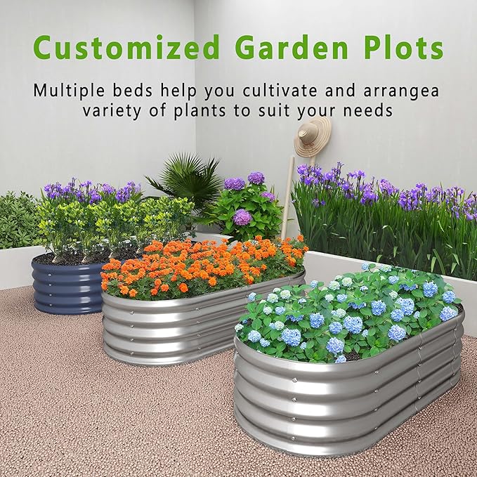 KFN 8x1.8x1FT Galvanized Raised Garden Bed,Raised Garden Bed Kit-Oval Metal Vegetable Box,Large Planter Flower Boxes Outdoor,Planting for Vegetables,Flower,Herb,Sliver,0.7mm