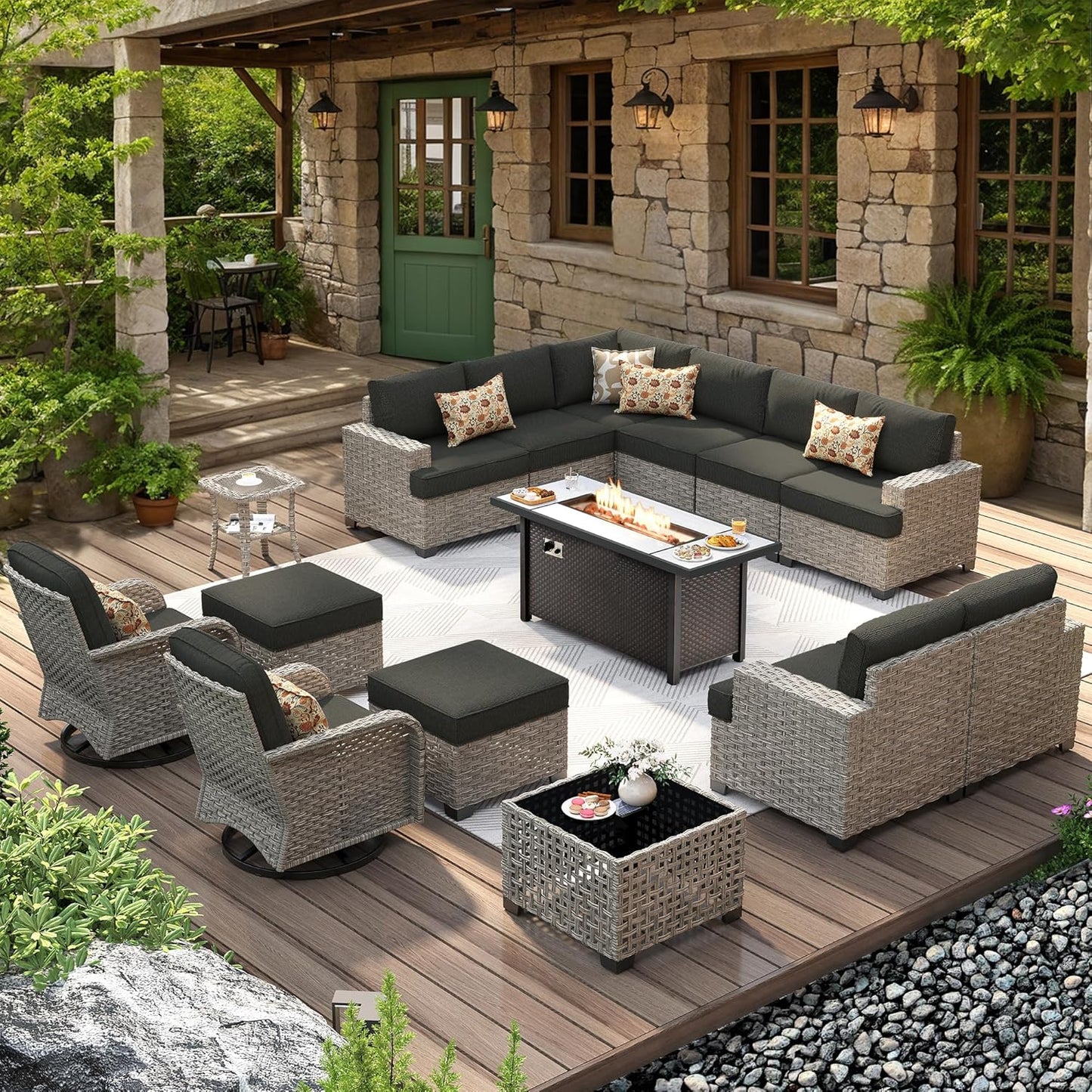 HOOOWOOO Outdoor Sectional Patio Furniture Set with Fire Pit Table,15 Pieces Wicker Conversation Sets L Shaped Couch,Extra Deep Out Door Sofa Outside Furniture with Swivel Chairs Ottomans,Black