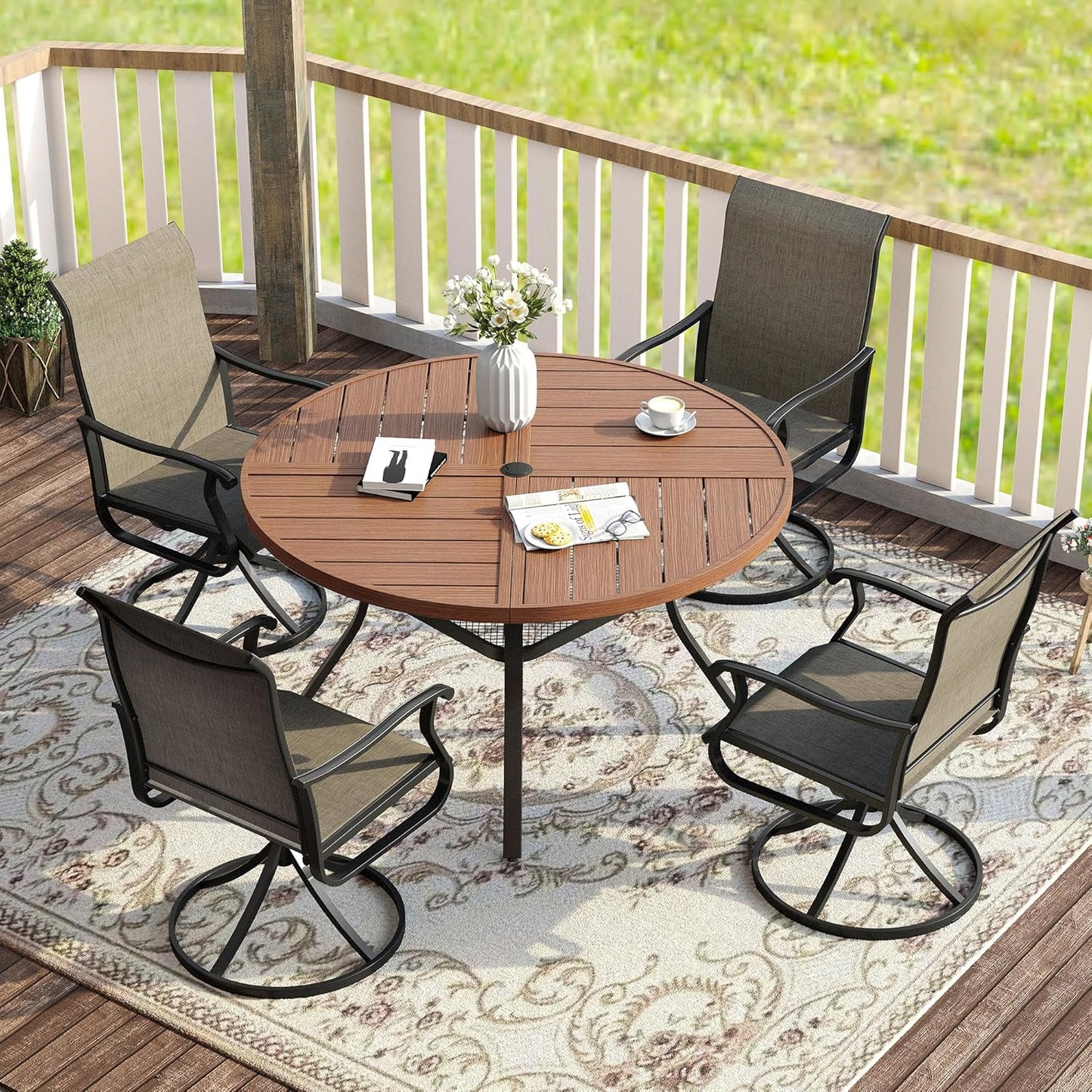 VICLLAX Round Patio Table with Adjustable Umbrella Hole for 4, All Weather Metal Outdoor Dining Table for Lawn Garden, 40.6" Outdoor Coffee Table, Walnut Wood-Like Tabletop