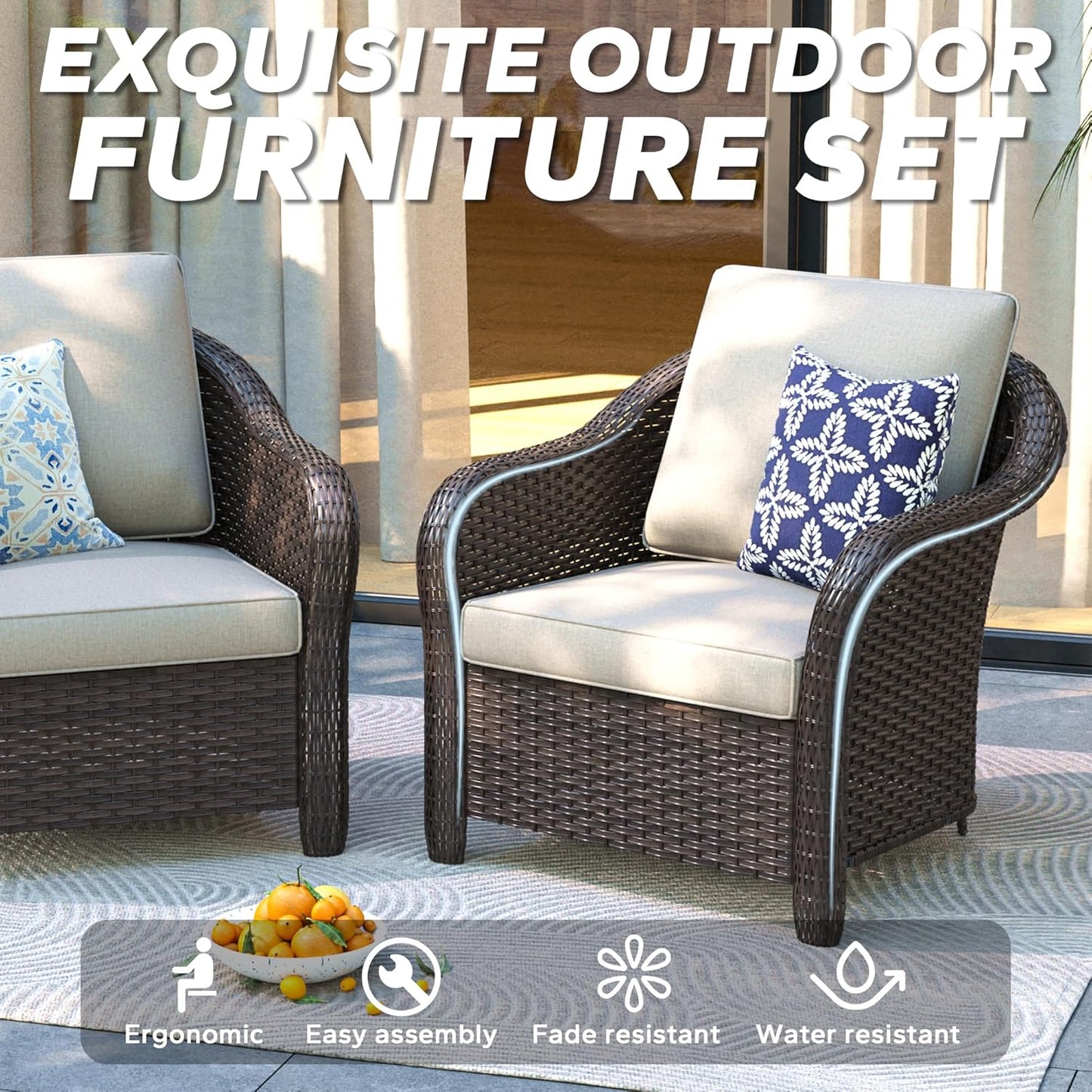 Patio PE Rattan Chairs Set of 2, All-Weather & Steel Frame Outdoor Conversation Furniture Set with Washable Cushions for Garden, Bistro, Deck, Yard (Beige)