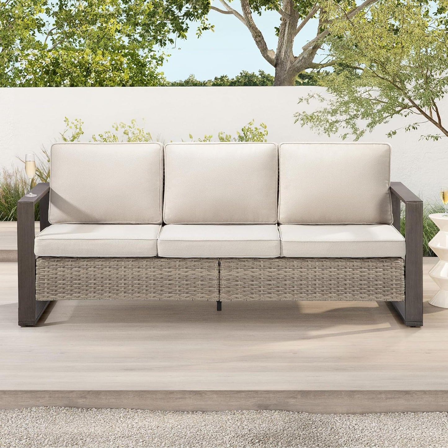 Joyside Outdoor Patio Wicker Sofa, 3-Seater Rattan Sofa with Thick Olefin Cushions and Metal Steel Rectangular Framed Armrest -Looking Metal Armrest Suitable for Garden, Backyard, Porch, Deck (Beige)