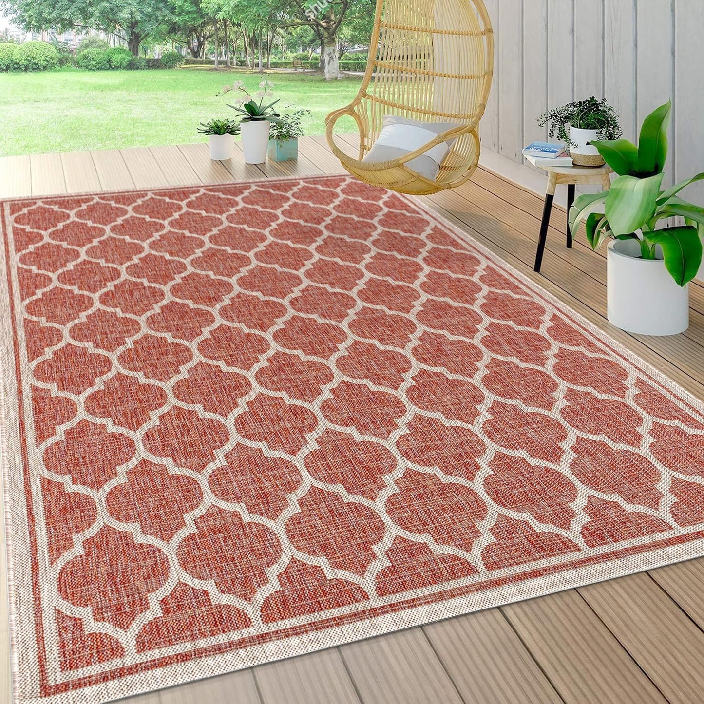 Eyely BMS109C-6 Santa Monica Trebol Moroccan Trellis Textured Weave, Pet Friendly, Non-Shedding, Stain Resistant, Easy-Cleaning, Red/Beige, 6 ft. x 9 ft., Indoor/Outdoor, Area Rug