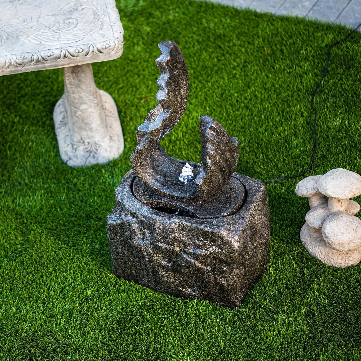 XBrand 25 in H Stone-Look Sculptural Modern Freestanding Fiber Resin Outdoor Garden Fountain w/LED Light, Black