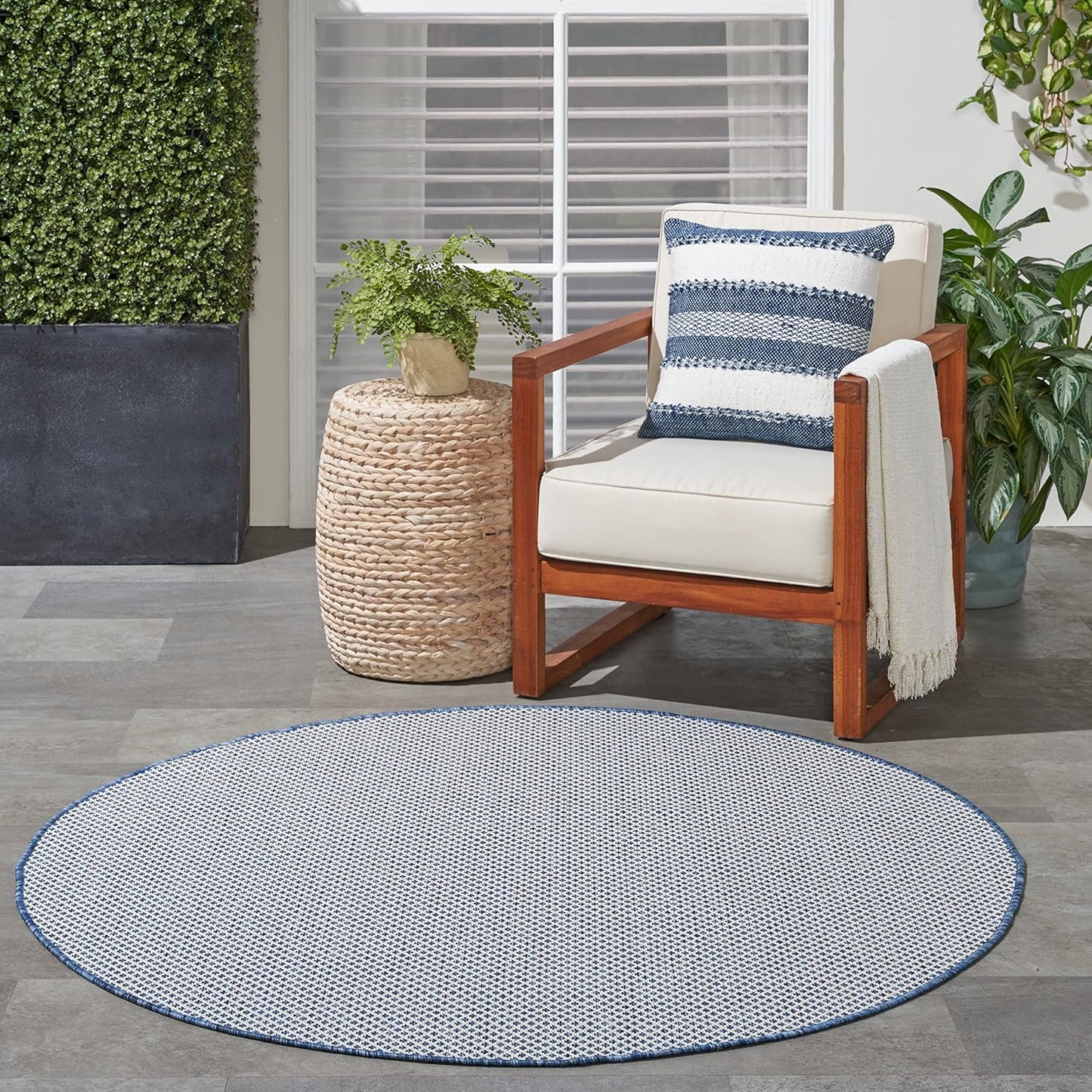 Nourison Home Courtyard Indoor/Outdoor Ivory Blue 4' x Round Area Rug, Easy Cleaning, Non Shedding, Bed Room, Living Room, Dining Room, Backyard, Deck, Patio (4 Round)