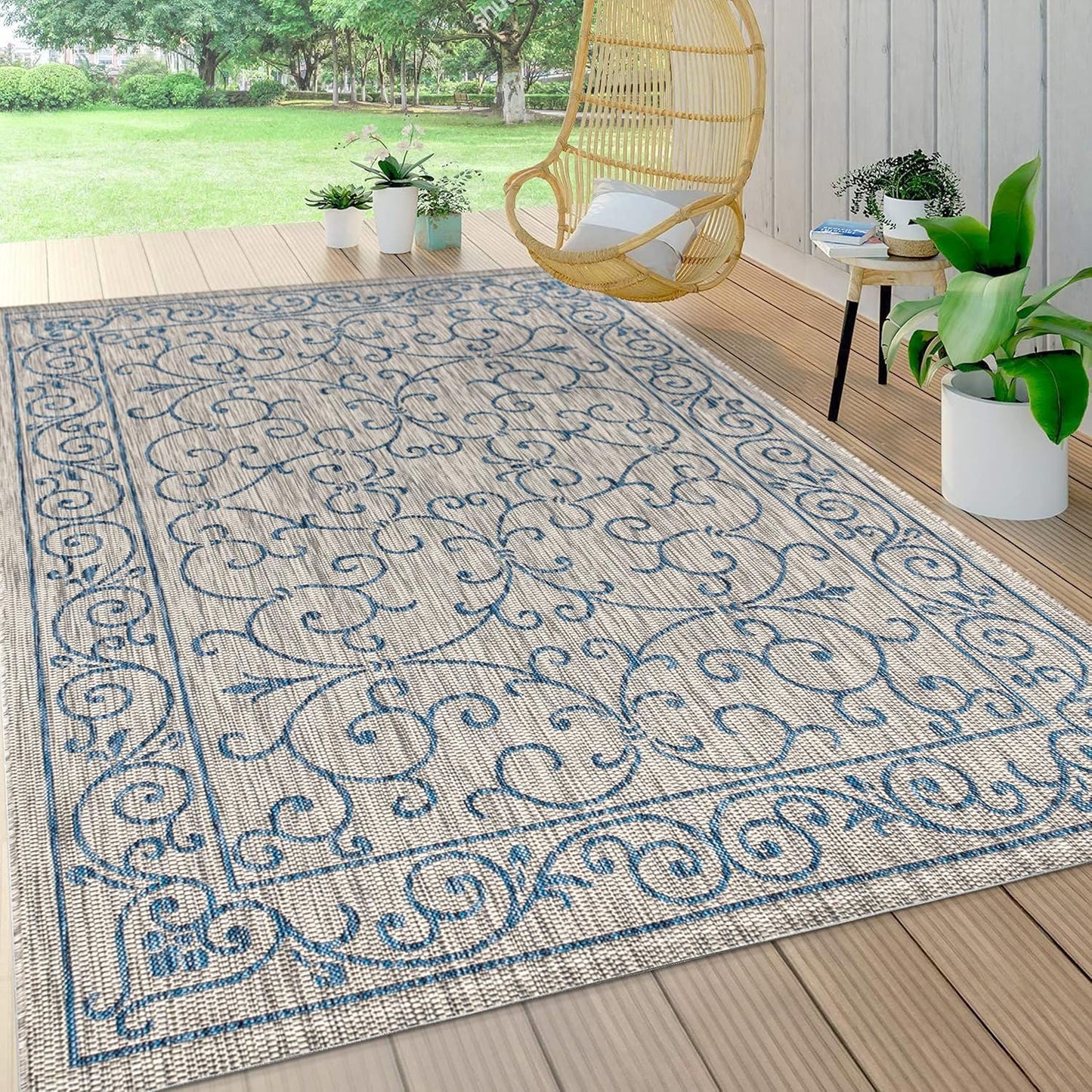 JONATHAN Y SMB106C-3 Charleston Vintage Filigree Textured Weave Indoor/Outdoor Gray/Navy 3 ft. x 5 ft. Area Rug, Classic,Easy-Cleaning,HighTraffic,LivingRoom,Backyard, Non Shedding