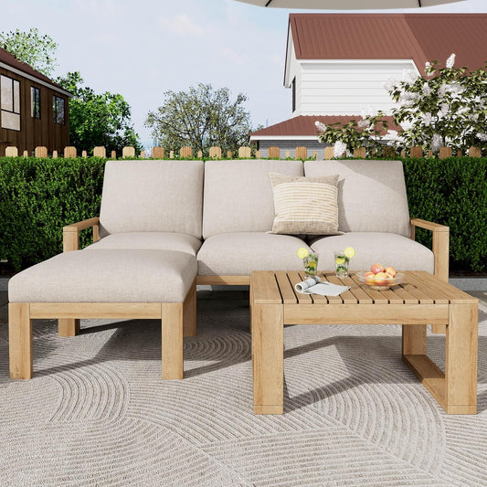 Acacia Wood Sectional Patio Furniture Set, Outdoor 3 Pieces Conversation Set with Acacia Wood Coffee Table for Backyard Porch Garden Balcony