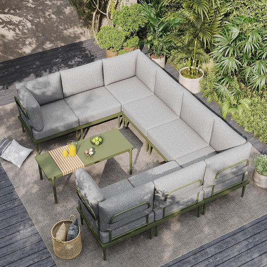 Sundale Outdoor 9 Pieces Metal Patio Furniture Set, Outdoor Sectional Sofa w/6 Inch Olefin Cushion and Coffee Table, Modern Outdoor Conversation Sets