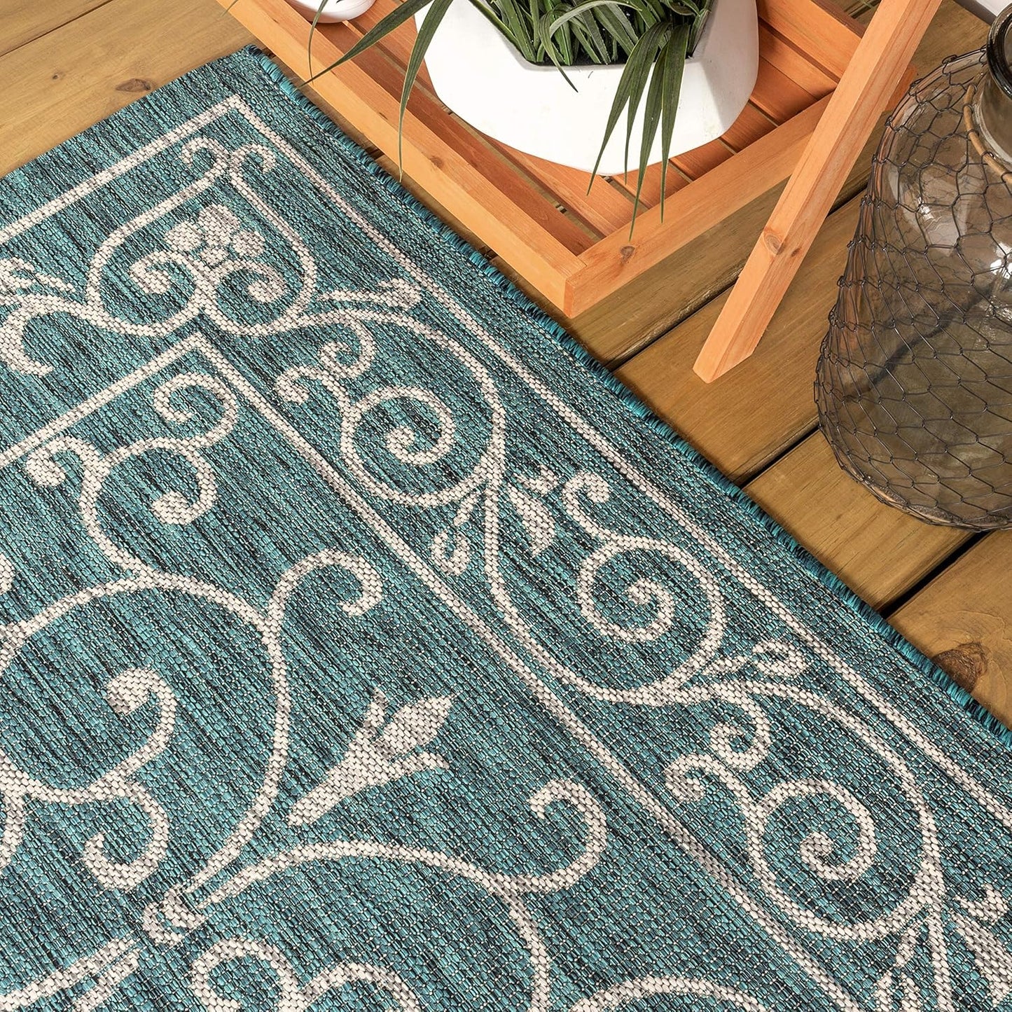 JONATHAN Y SMB106F-28 Charleston Vintage Filigree Textured Weave Indoor/Outdoor Teal/Gray 2 ft. x 8 ft. Runner Rug, Classic,Easy-Cleaning,HighTraffic,LivingRoom,Backyard, Non Shedding