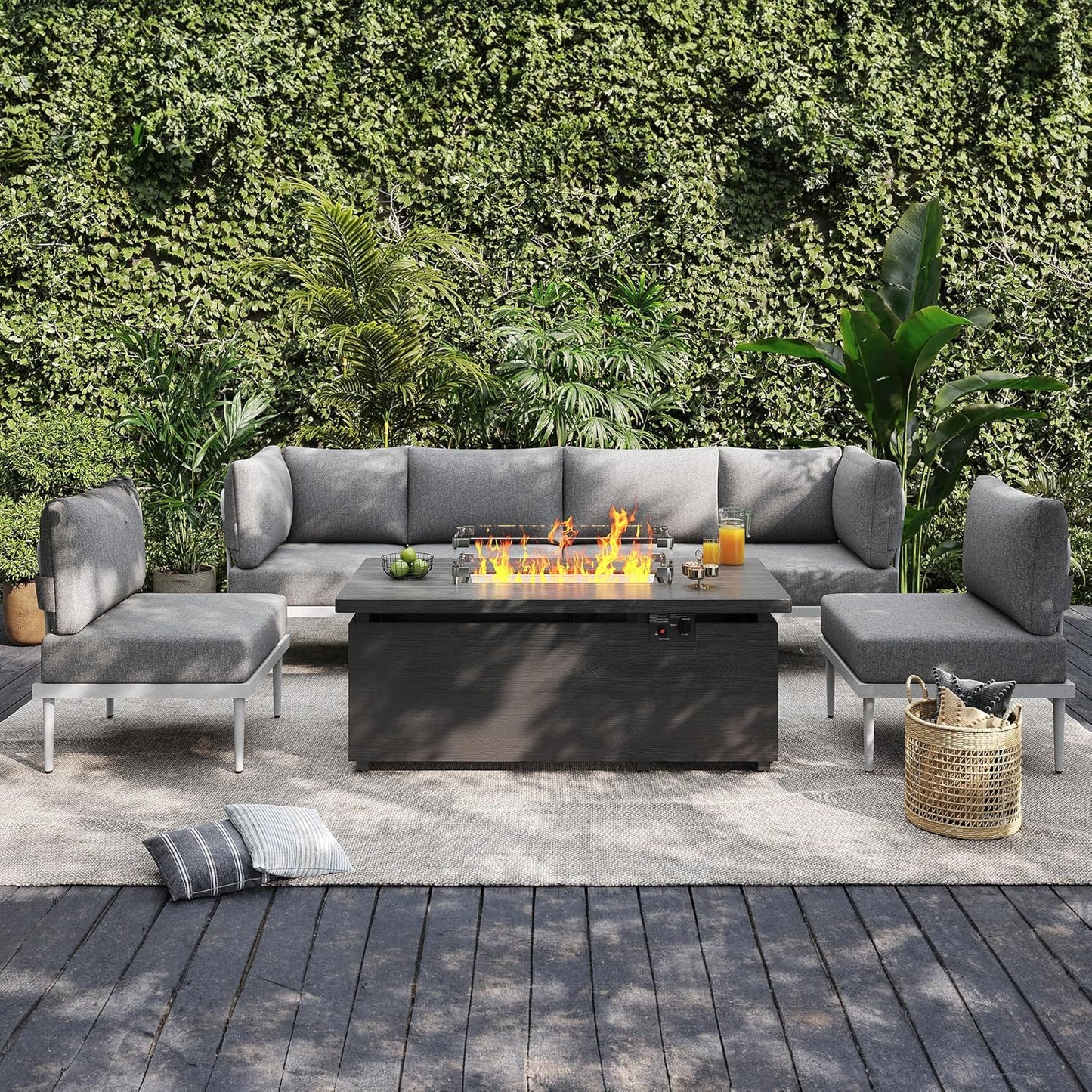 Sundale Outdoor 7 Pieces Metal Patio Furniture Set with Fire Pit Table, Outdoor Sectional Sofa w/6 Inch Olefin Cushion, Modern Outdoor Conversation Sets