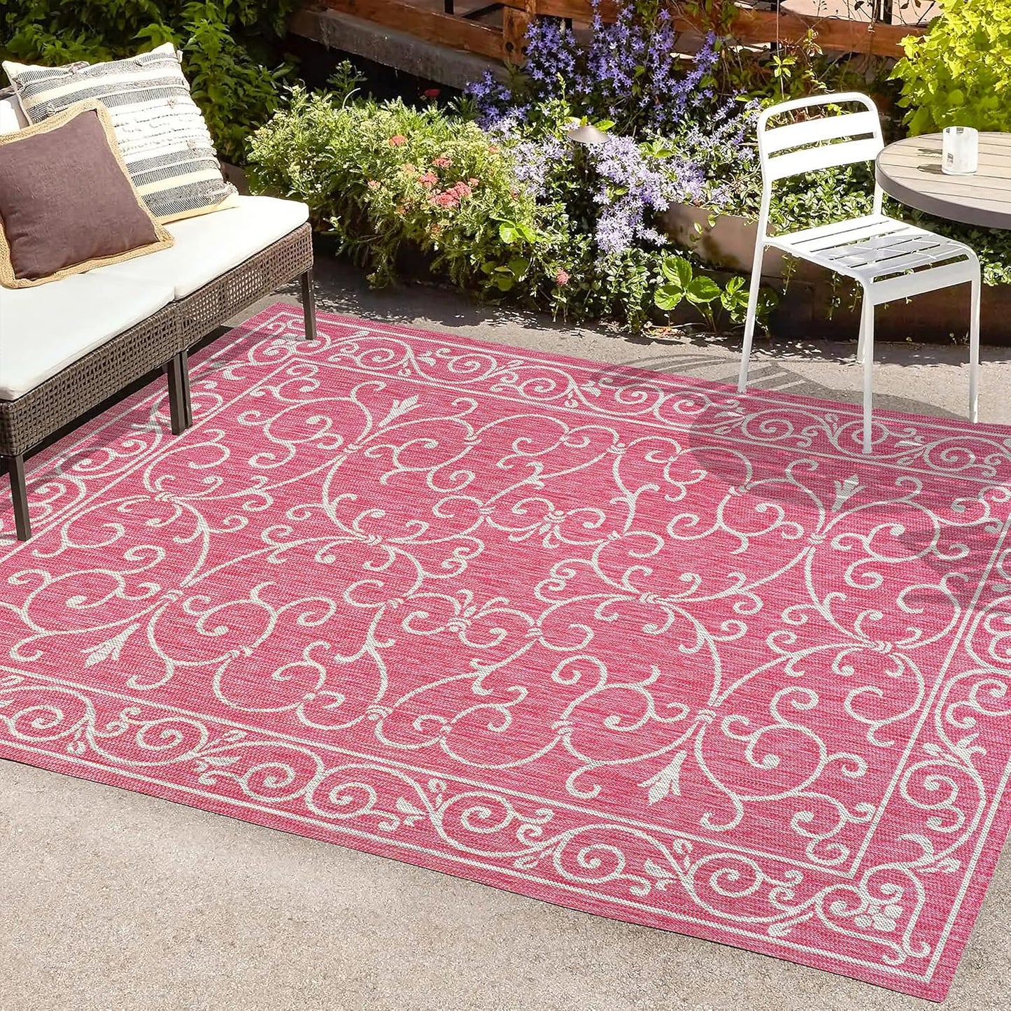 JONATHAN Y SMB106J-8 Charleston Vintage Filigree Textured Weave Indoor Outdoor Area Rug, Classic Traditional Easy-Cleaning,Bedroom,Kitchen,Backyard,Patio,Non Shedding, 8 X 10, Fuchsia/Light Gray