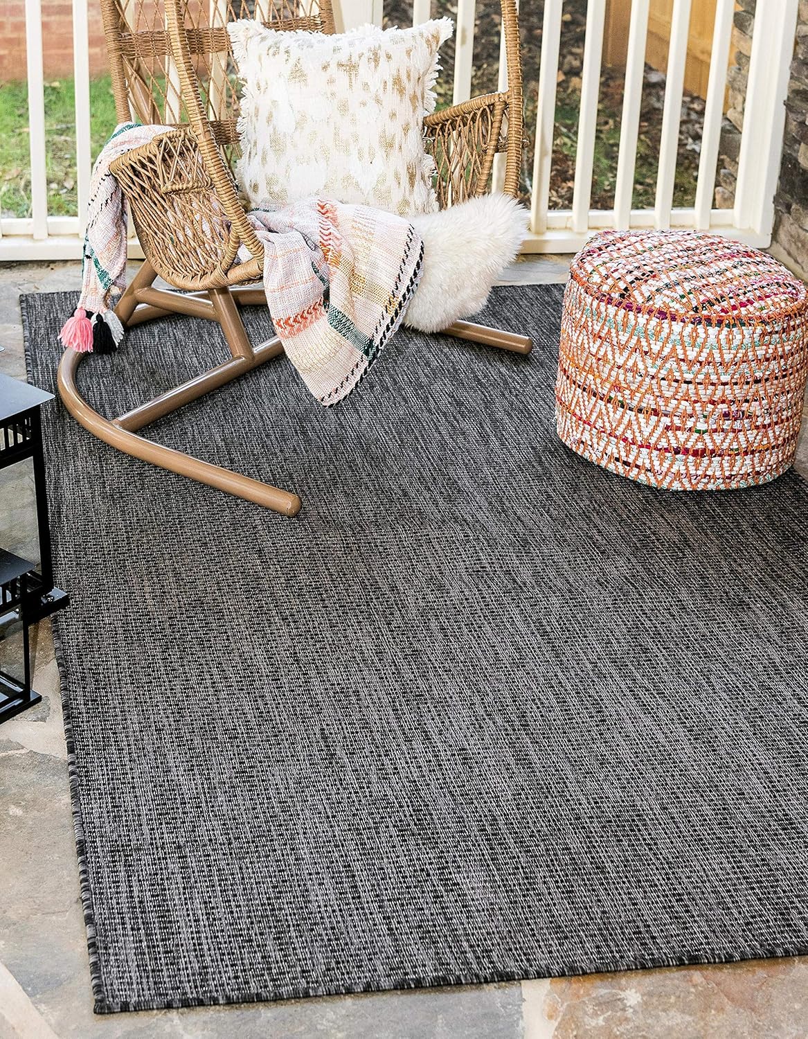 Unique Loom Collection Casual Transitional Solid Heathered Indoor/Outdoor Flatweave Area Rug (6' 1" x 9' Rectangle, Black/Ivory)
