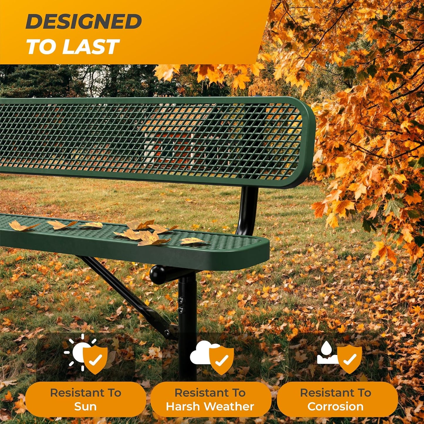 Heavy-Duty Outdoor Metal Bench, Thermoplastic-Coated, Inground, Weatherproof, Commercial-Grade for Parks, Gardens, Patios, Stores & More (8 Ft - Inground with Back, Green)