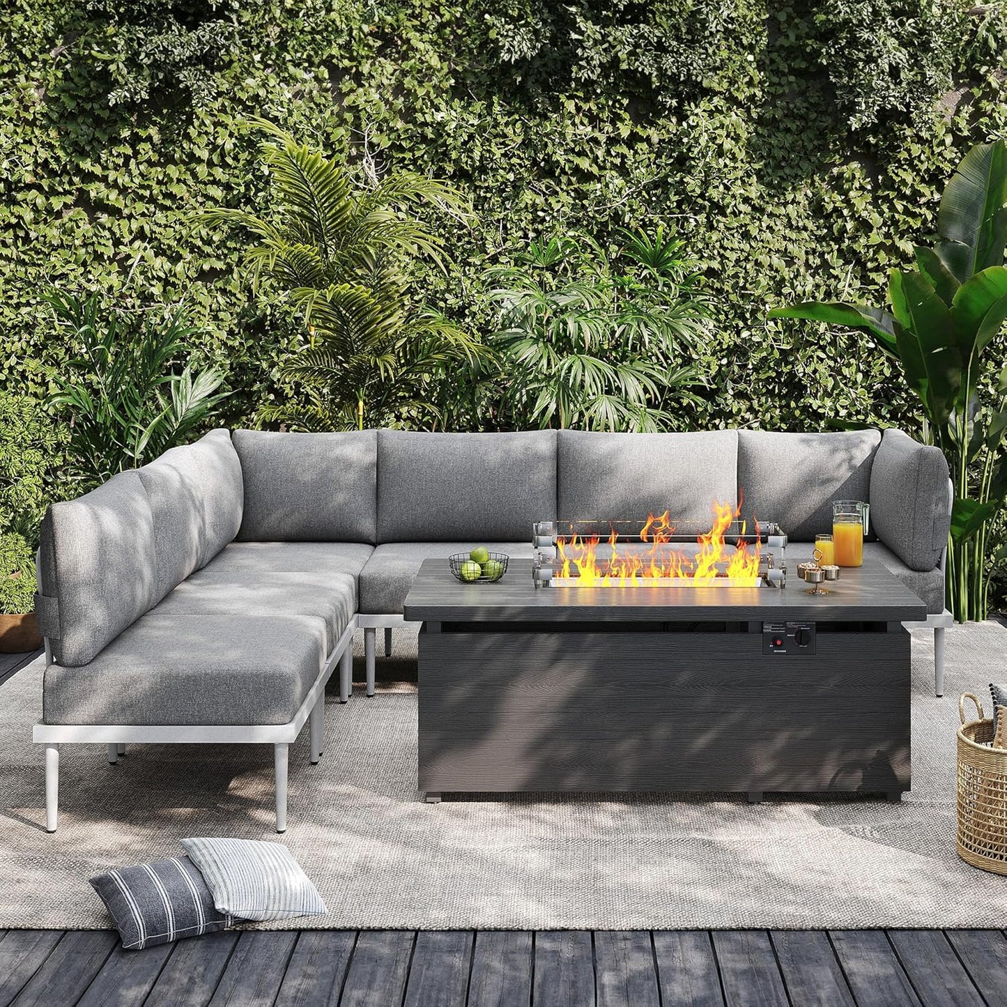 Sundale Outdoor 7 Pieces Metal Patio Furniture Set with Fire Pit Table, Outdoor Sectional Sofa w/6 Inch Olefin Cushion, Modern Outdoor Conversation Sets