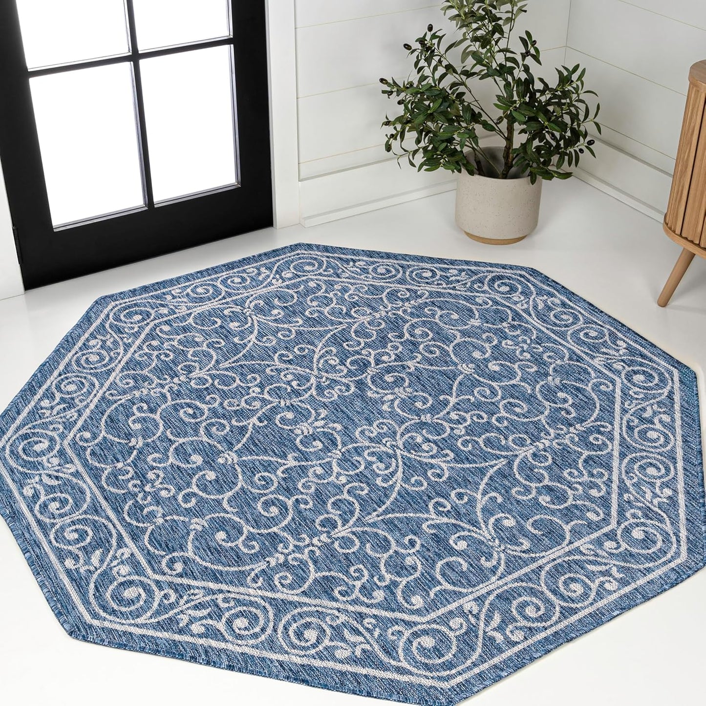 JONATHAN Y SMB106D-8TGN Charleston Vintage Filigree Textured Weave Navy/Gray 8' Octagon Indoor/Outdoor Area Rug, Non-Shedding, Stain Resistant,Fade Resistant, Easy-Cleaning for Backyard Patio, Porch