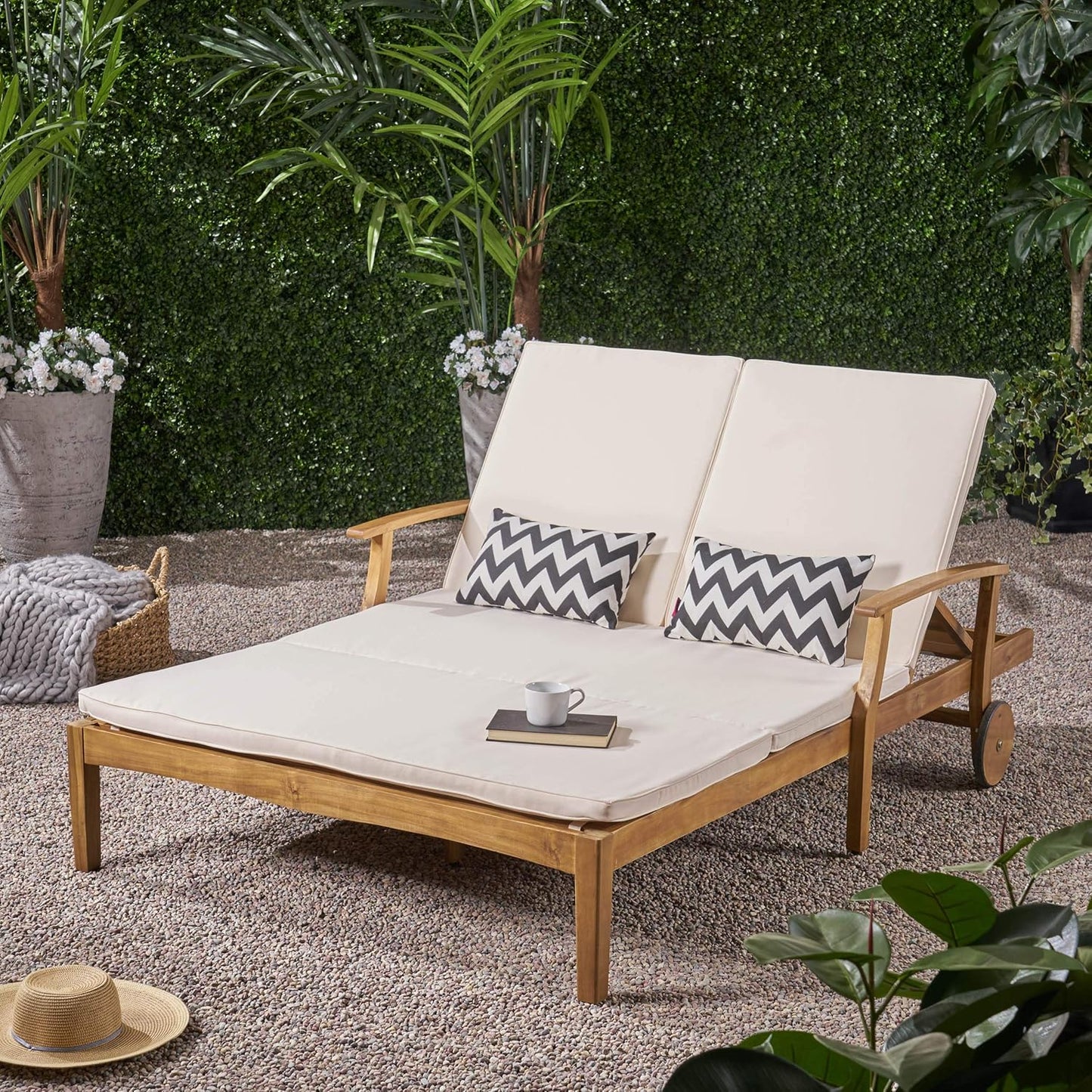 Great Deal Furniture Samantha Double Chaise Lounge for Yard and Patio, Acacia Wood Frame, Teak Finish with Cream Cushions, (307569)