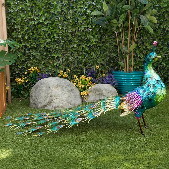Alpine Corporation HEH378 Metal Jumbo Sized Majestic Peacock Decor, Elegant Garden & Patio Bird Statue, 33" H, Blue