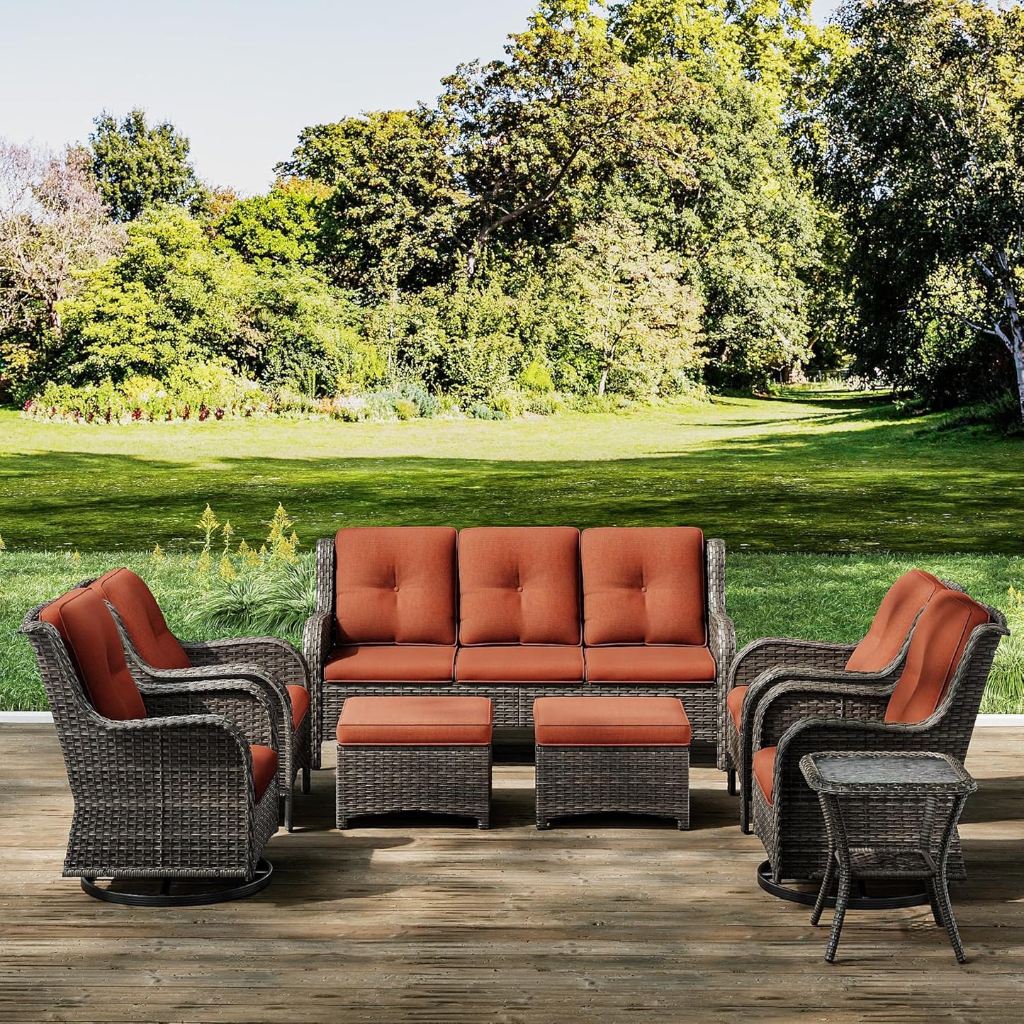 Joyside Wicker Patio Furniture Sets 8 Piece Set with 3-Seat Sofa, 2 Swivel Rocking Armchairs, 2 Armchairs, 2 Ottoman and 1 Side Table Wicker Outdoor Conversation Set(Brown Mixed Gray/Orange)