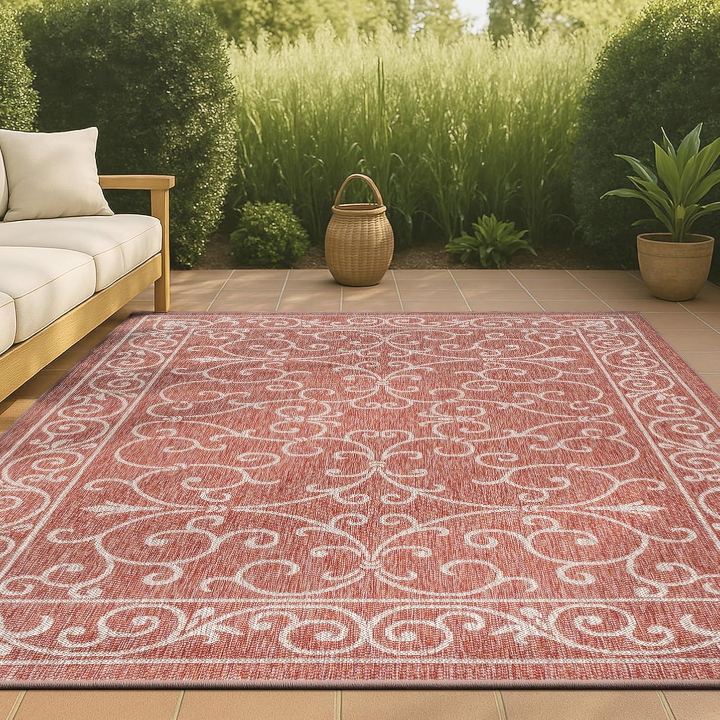 JONATHAN Y SMB106B-6 Charleston Vintage Filigree Textured Weave Red/Beige 6 ft. x 9 ft. Indoor/Outdoor Area Rug, Pet Friendly, Non-Shedding, Stain Resistant, Easy-Cleaning for Backyard, Patio, Porch
