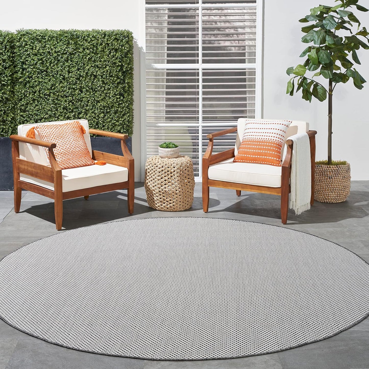 Nourison Home Courtyard Indoor/Outdoor Ivory/Charcoal 6' x Round Area Rug, Easy Cleaning, Non Shedding, Bed Room, Living Room, Dining Room, Backyard, Deck, Patio (6 Round)