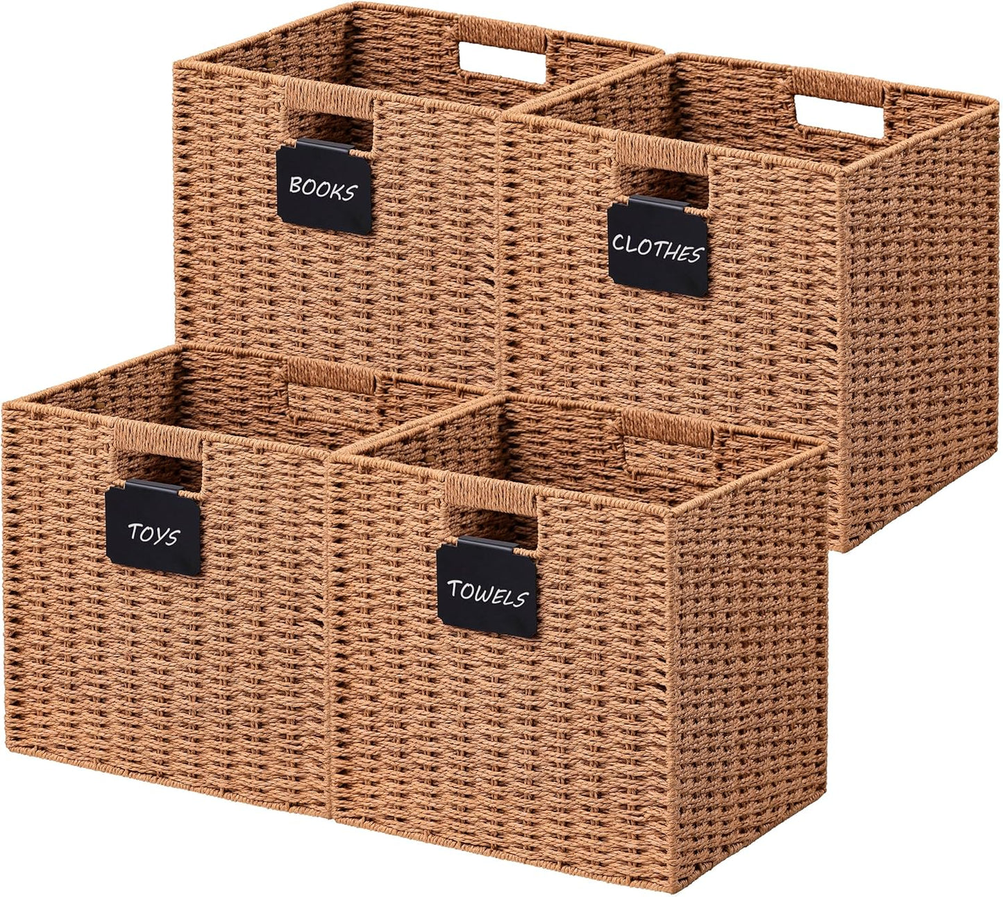 UBBCARE 4 Pack Wicker Basket, 12×12 Storage Cubes with Label, Foldable Cube Storage Bin with Handle, Square Storage Basket for Shelves, Woven Paper Rope Basket for Organizing, Caramel