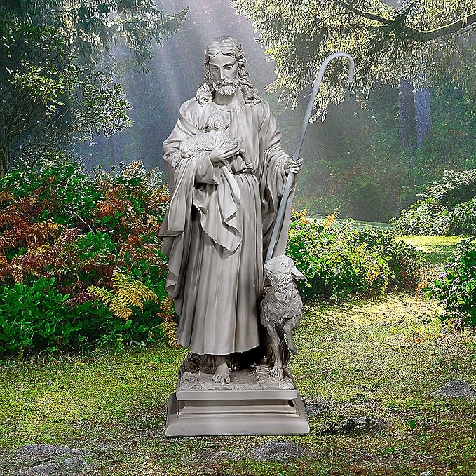 Design Toscano EU1785 Jesus The Good Shepherd Religious Garden Statue, 12 Inches Wide, 8 Inches Deep, 28 Inches High, Antique Stone Finish