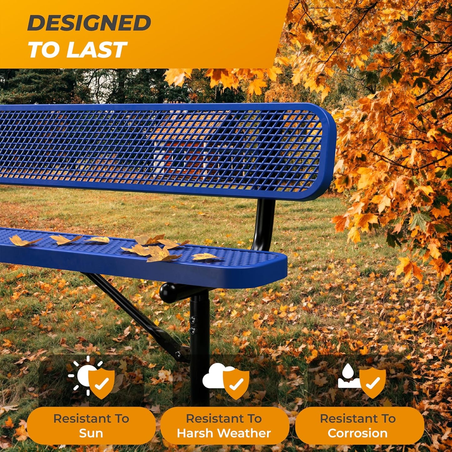 Heavy-Duty Outdoor Metal Bench, Thermoplastic-Coated, Inground, Weatherproof, Commercial-Grade for Parks, Gardens, Patios, Stores & More (4 Ft - Inground with Back, Blue)