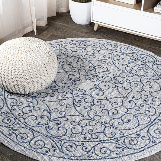 JONATHAN Y SMB106C-4R Charleston Vintage Filigree Textured Weave Gray/Navy 4' Round Indoor/Outdoor Area Rug, Pet Friendly, Non-Shedding, Stain Resistant, Easy-Cleaning for Backyard, Patio, Porch