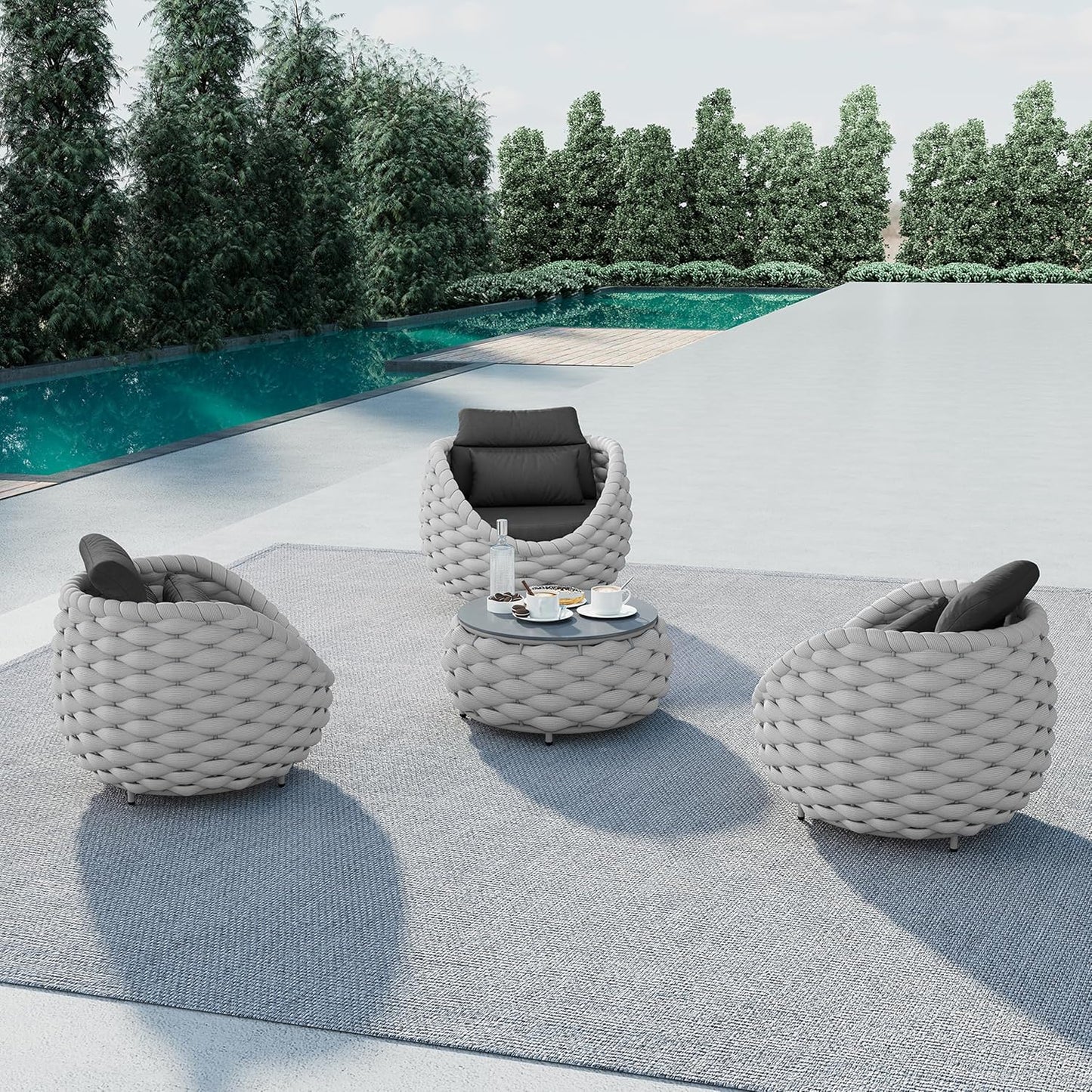 Balcony Furniture Set for Apartments: 4 Pieces Aluminum Woven Rope Patio Conversation Set - Modern Cushioned Lounge Chair Set - Assembled Porch Armchair for 400lbs Garden Lanai Poolsides Hotel